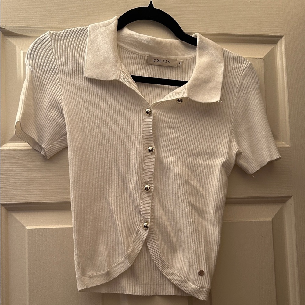 White Ribbed Button-Down Shirt